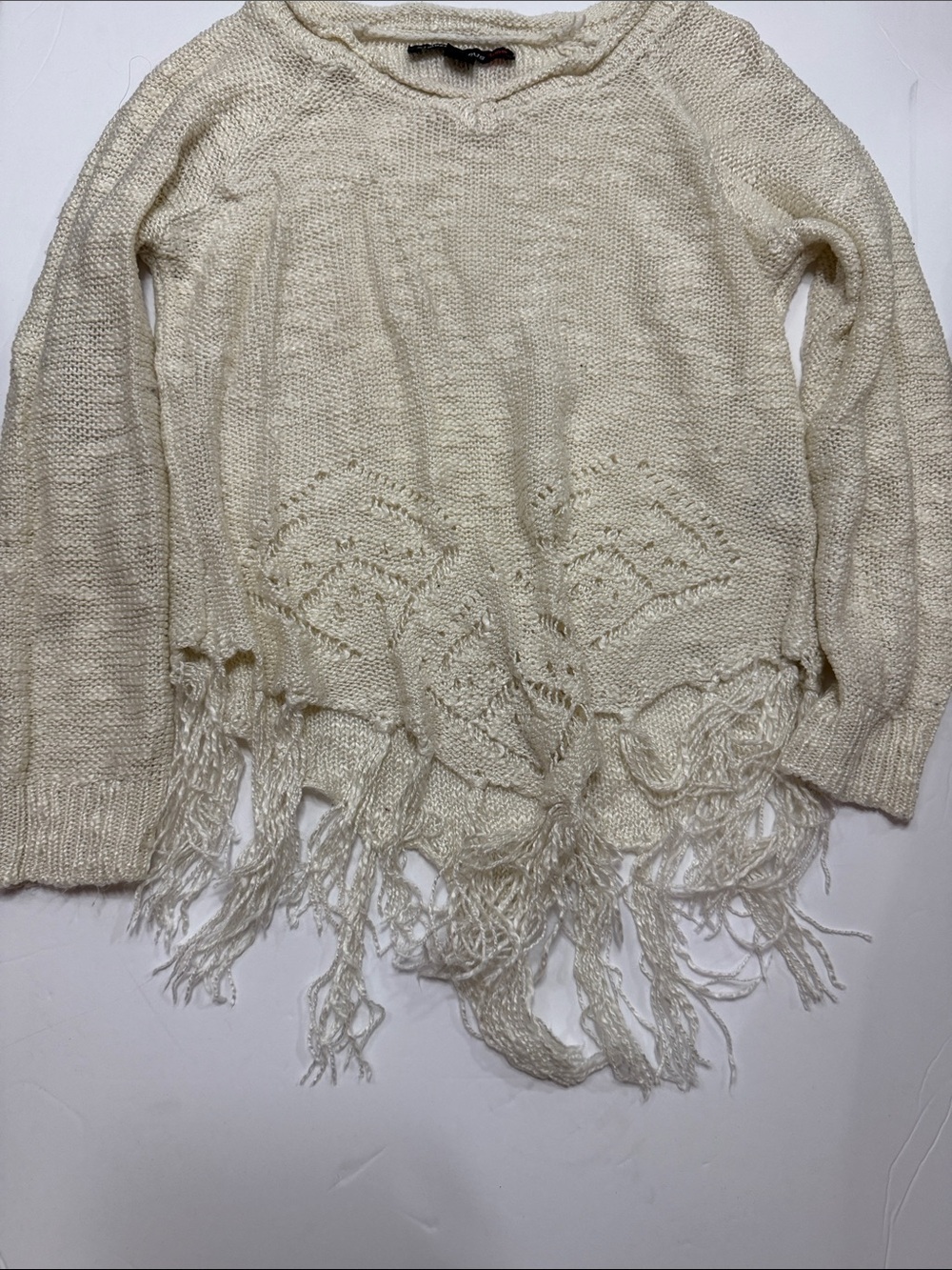 Almost Famous Cream Crochet Fringe Hem Pullover